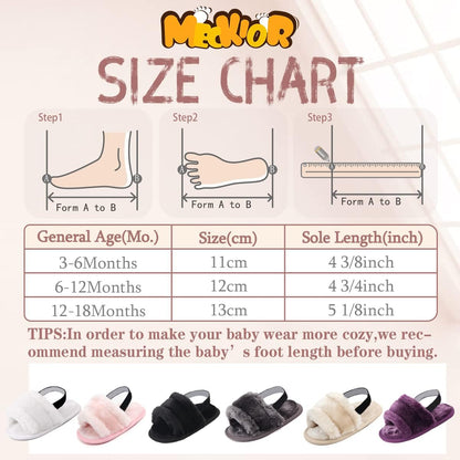 Infant Baby Girls Sandals Faux Fur Slides with Elastic Back Strap Flats Slippers Princess Dress First Walker Moccasins Shoes